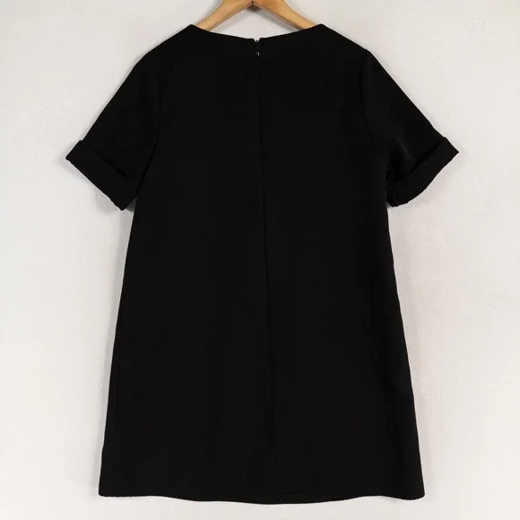 TOBI Mini Shift Dress Sz Small Black Short Cuffed Sleeve Lined Retro Minimalist - Picture 3 of 9